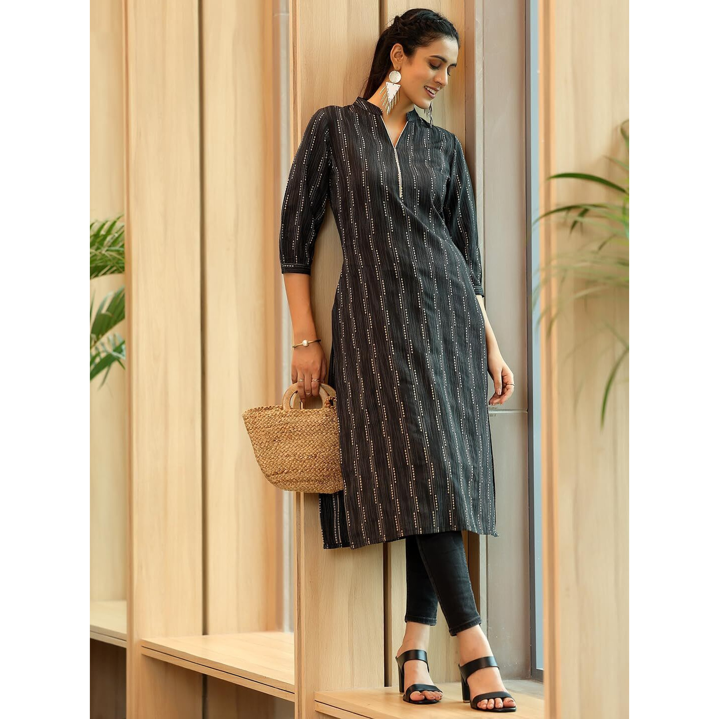 Libas Women's Cotton Ethnic Motifs Straight Kurta (372470R Black