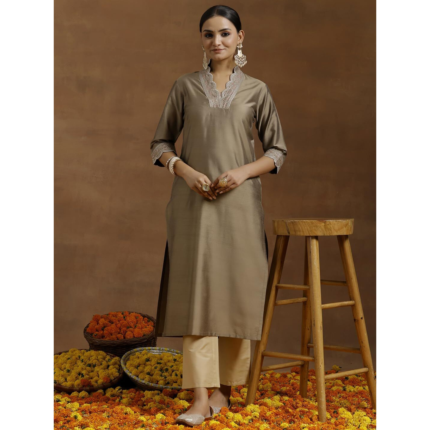 Libas Women's Silk Floral Straight Kurta (G27310R_Gold_Xxl)
