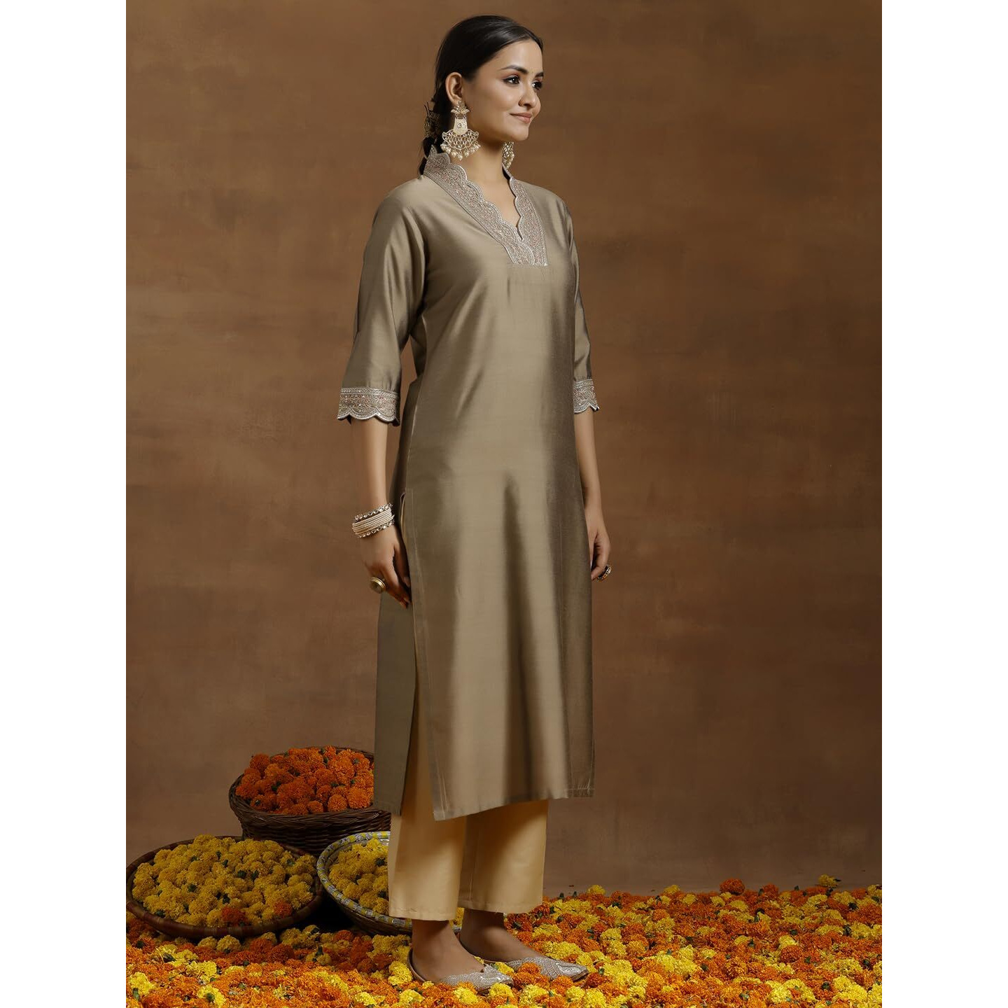 Libas Women's Silk Floral Straight Kurta (G27310R_Gold_Xxl)