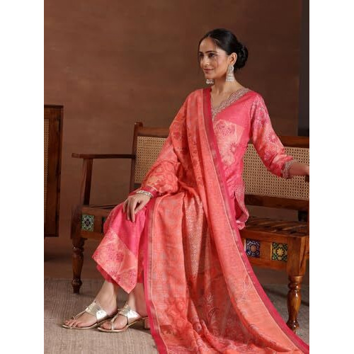 Libas Women's Linen Kurta Set (486720R_Pink