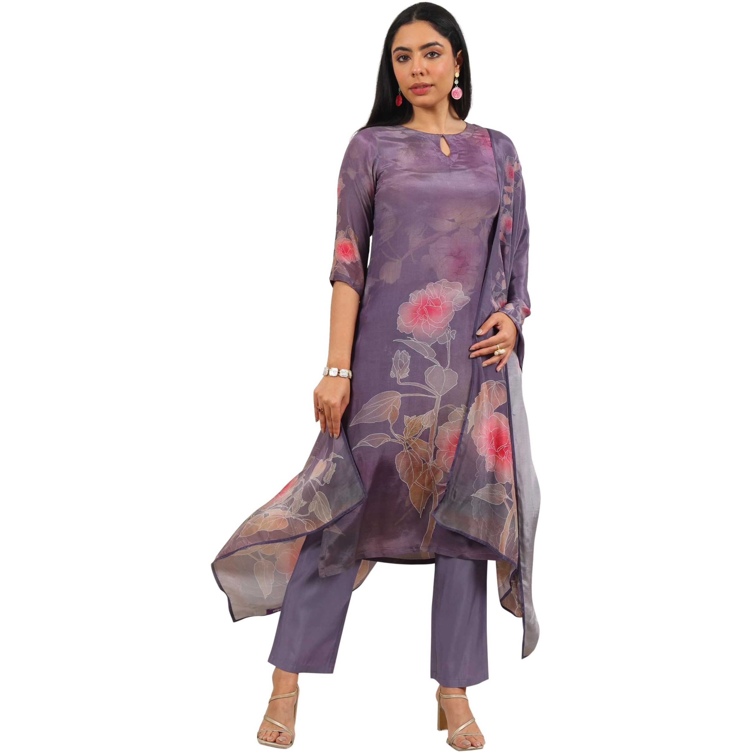 Libas Women's Silk Blend Kurta Set (400293_Mauve_L)