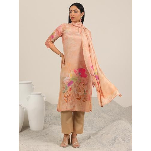 Libas Women's Silk Blend Kurta Set (400299_Peach_L)