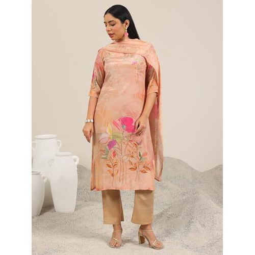 Libas Women's Silk Blend Kurta Set (400299_Peach_L)