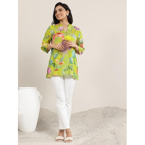 Libas Women's Silk Blend Printed Straight Tunic Shirt (98193_Green_L)