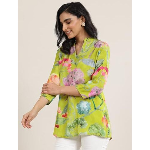 Libas Women's Silk Blend Printed Straight Tunic Shirt (98193_Green_L)