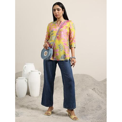 Libas Women's Silk Blend Printed Regular Tunic Shirt (98198 Yellow