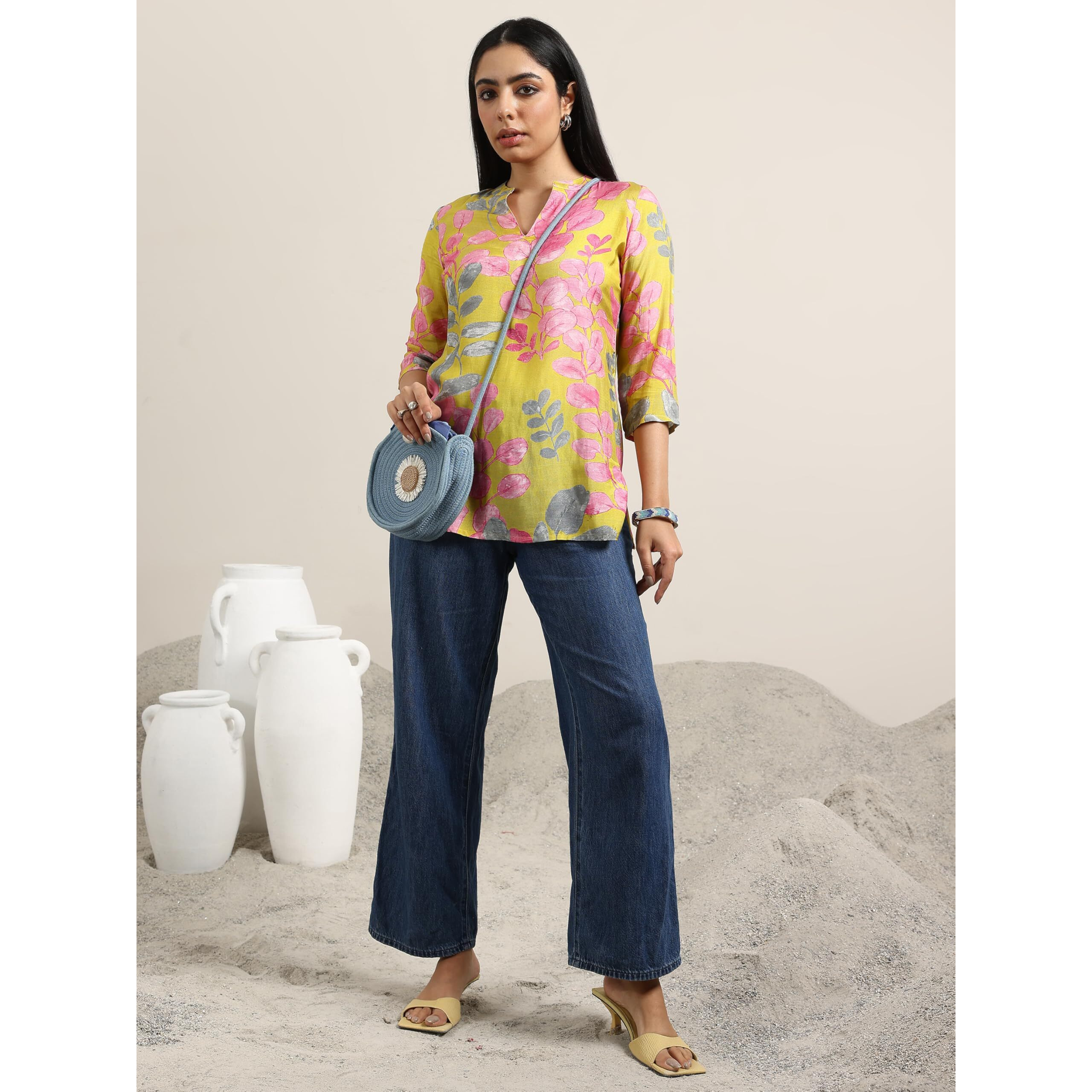 Libas Women's Silk Blend Printed Regular Tunic Shirt (98198 Yellow