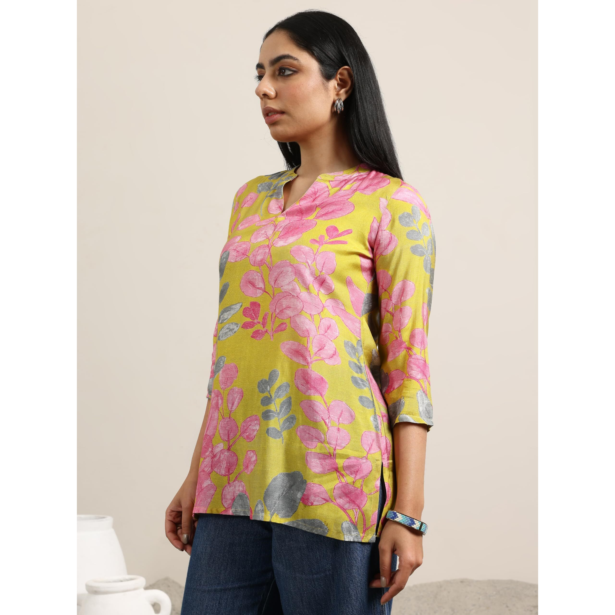 Libas Women's Silk Blend Printed Regular Tunic Shirt (98198 Yellow