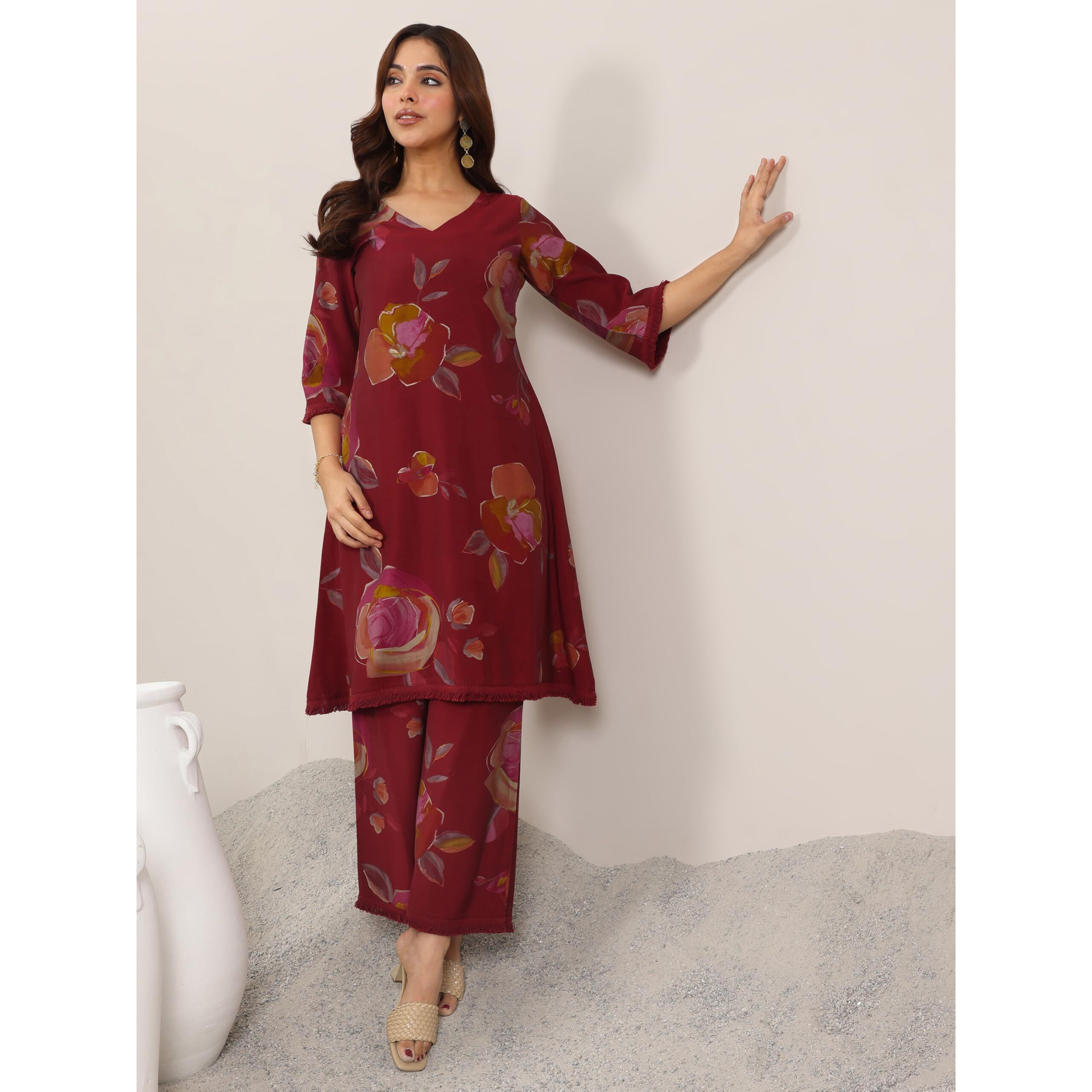 Libas Women's Silk Blend Kurta Set (400419_Maroon_S)