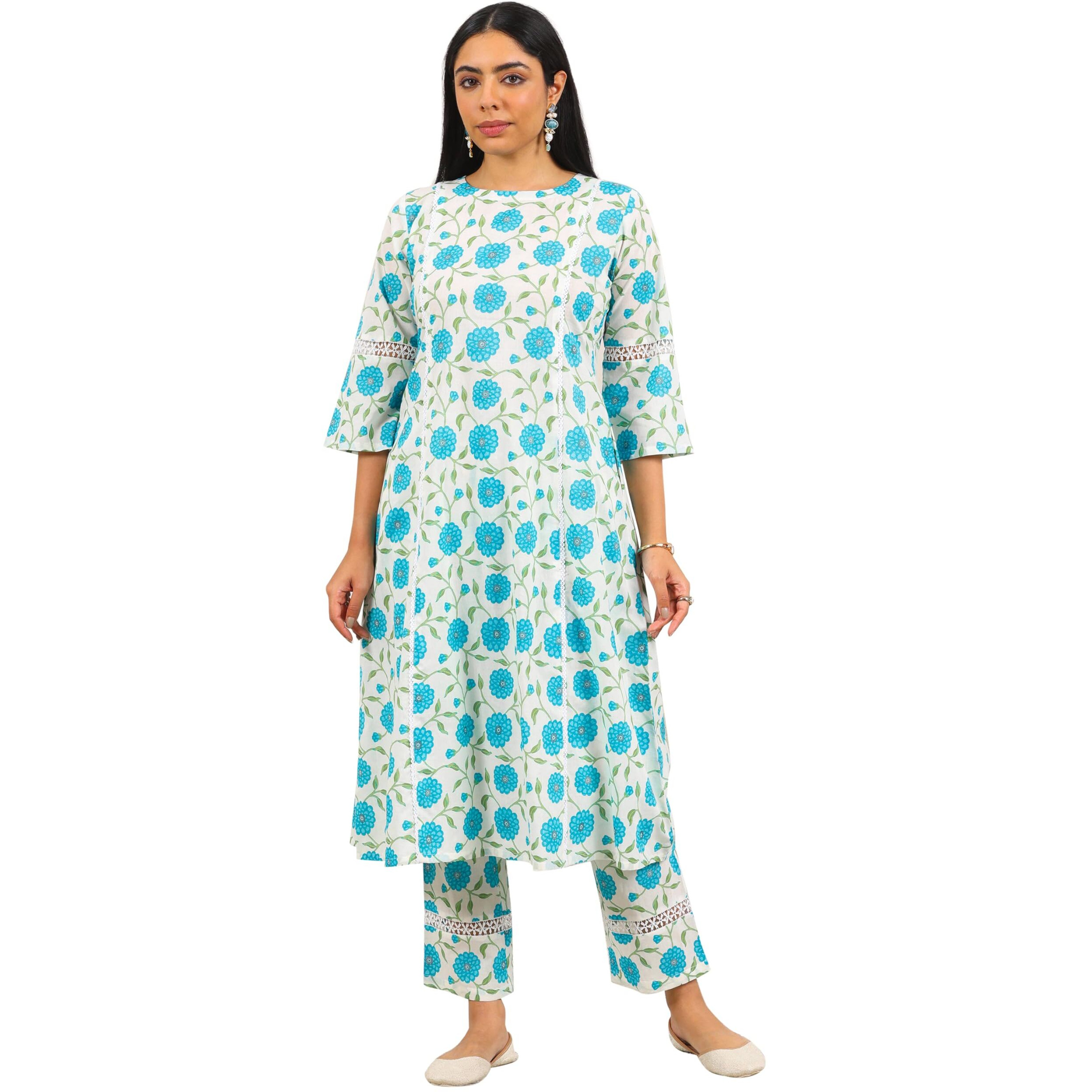 Libas Womens Printed Cotton Straight Kurta With Trousers