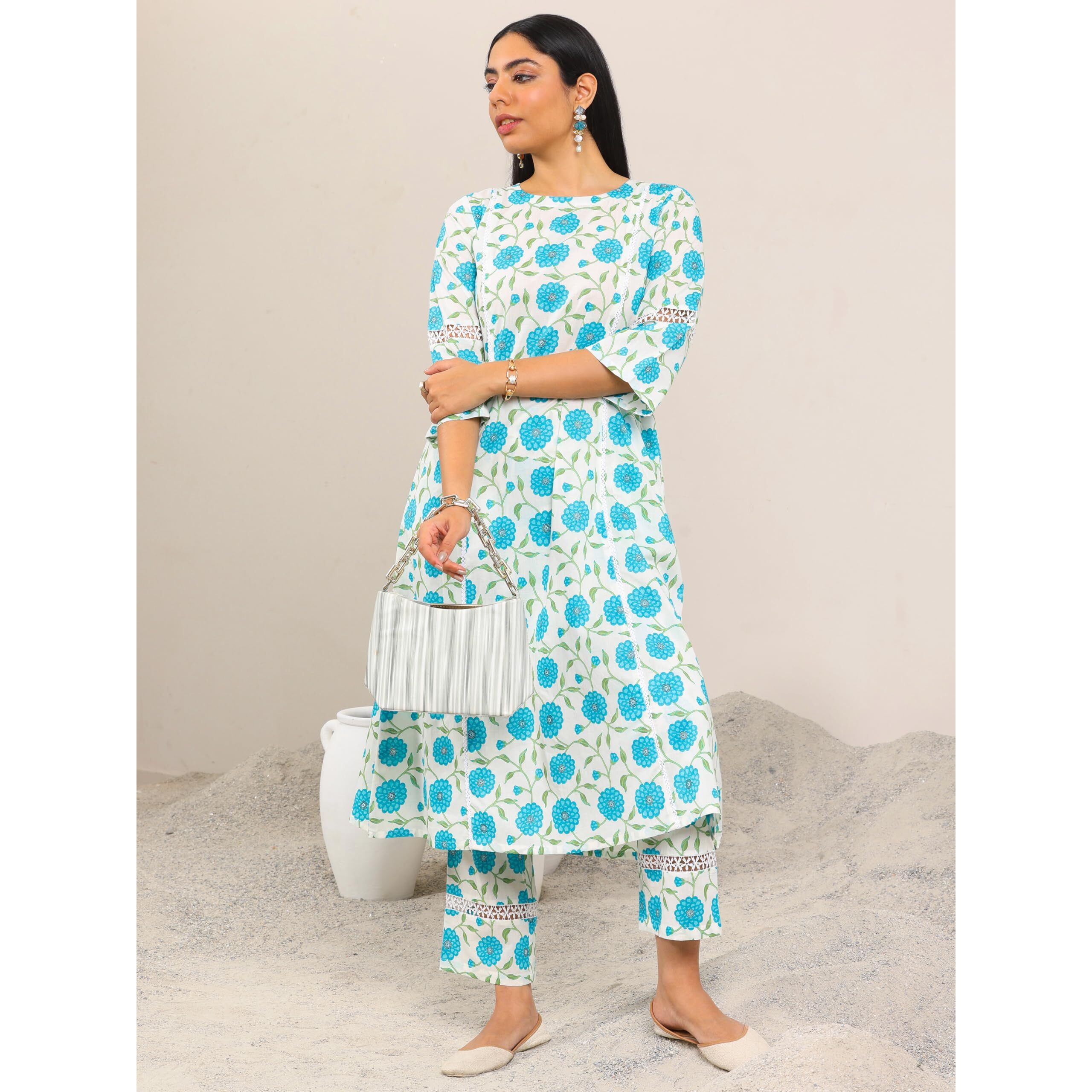 Libas Womens Printed Cotton Straight Kurta With Trousers