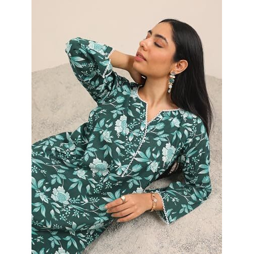 Libas Women's Cotton Floral Kurta Set (400445_Green_M)