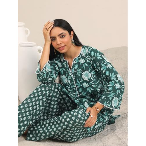 Libas Women's Cotton Floral Kurta Set (400445_Green_M)