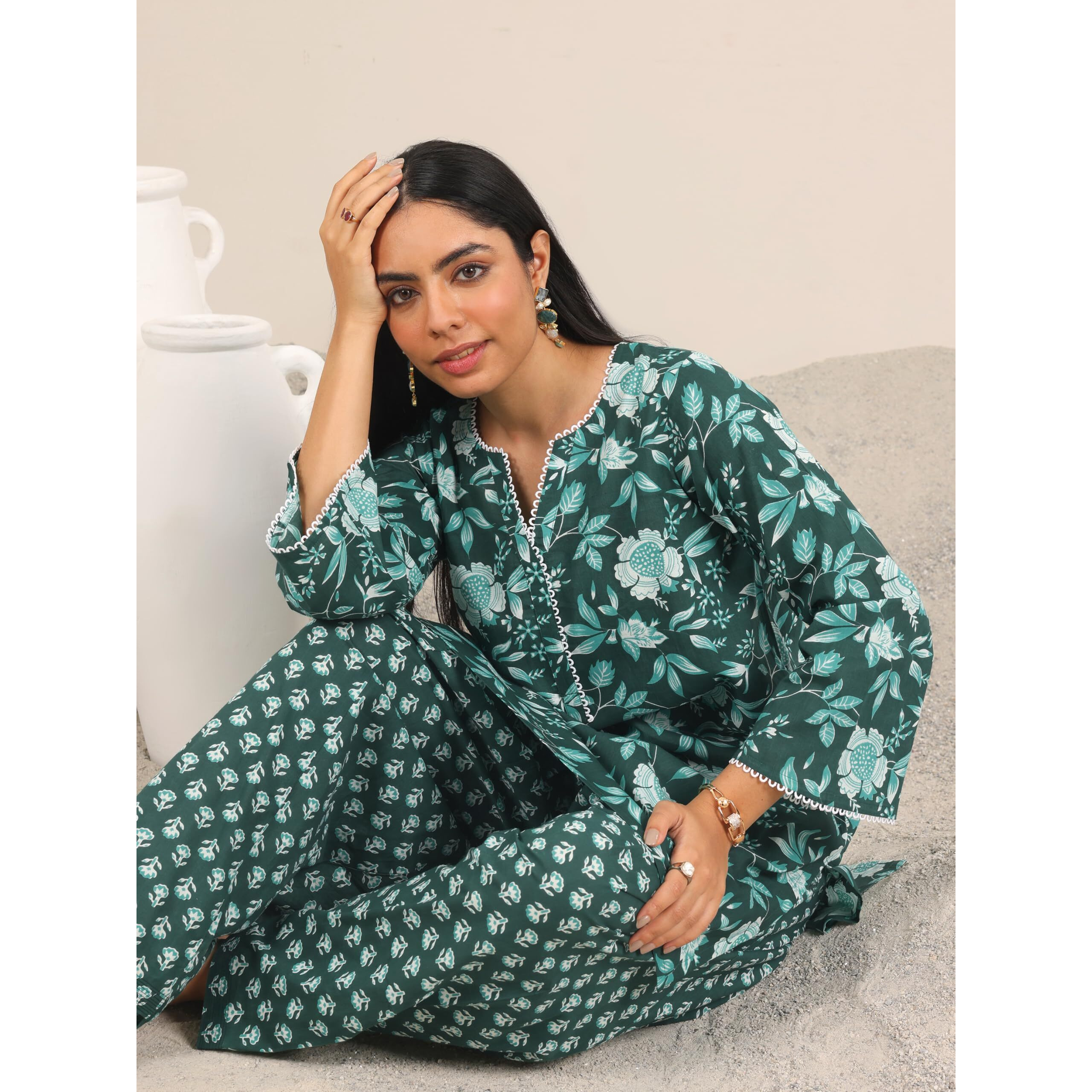 Libas Women's Cotton Floral Kurta Set (400445_Green_Xxl)