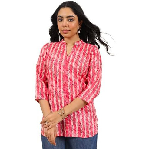 Libas Women's Silk Blend Printed Straight Kurti (29640_Coral_L)