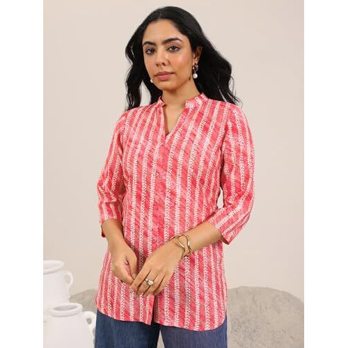 Libas Women's Silk Blend Printed Straight Kurti (29640_Coral_L)
