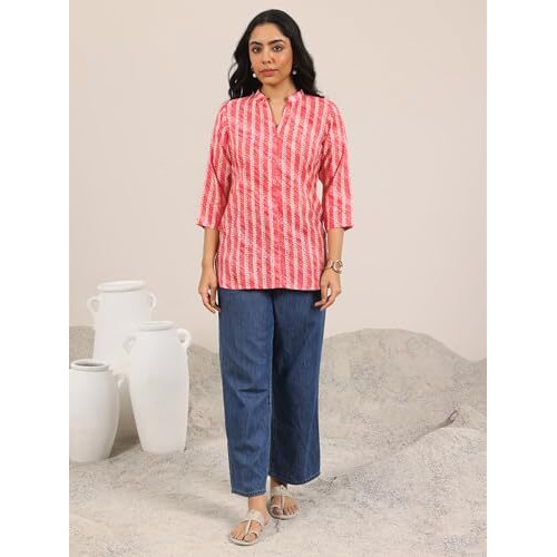 Libas Women's Silk Blend Printed Straight Kurti (29640_Coral_L)