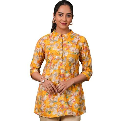 Libas Women's Silk Blend Printed Straight Kurti (98209C_Yellow 1_Xxl)