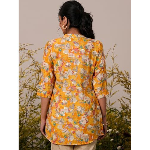 Libas Women's Silk Blend Printed Straight Kurti (98209C_Yellow 1_Xxl)
