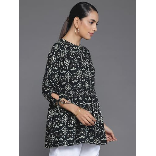 Libas Women's Viscose Rayon Printed A-Line Kurtis (29626C Black
