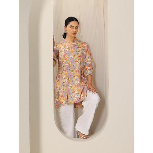 Libas Women's Cotton Blend Floral Straight Kurtis (29667_Multicolour_M)