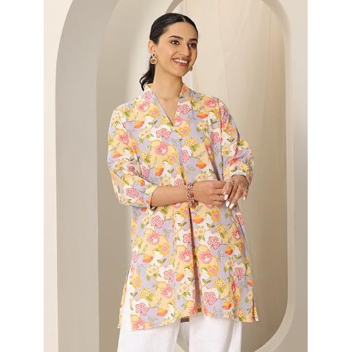 Libas Women's Cotton Blend Floral Straight Kurtis (29667_Multicolour_M)