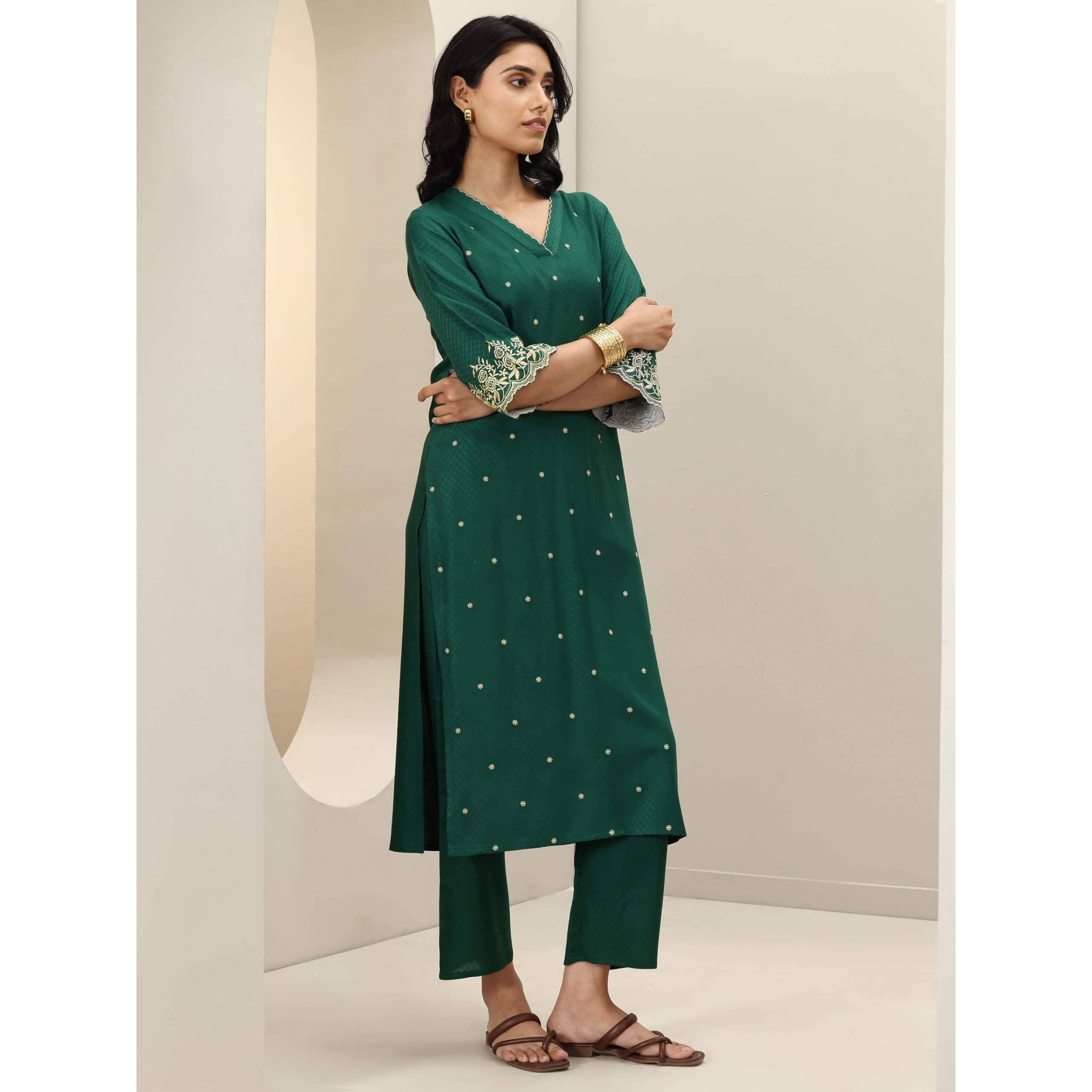 Libas Womens Woven Design Viscose Straight Kurta With Trousers