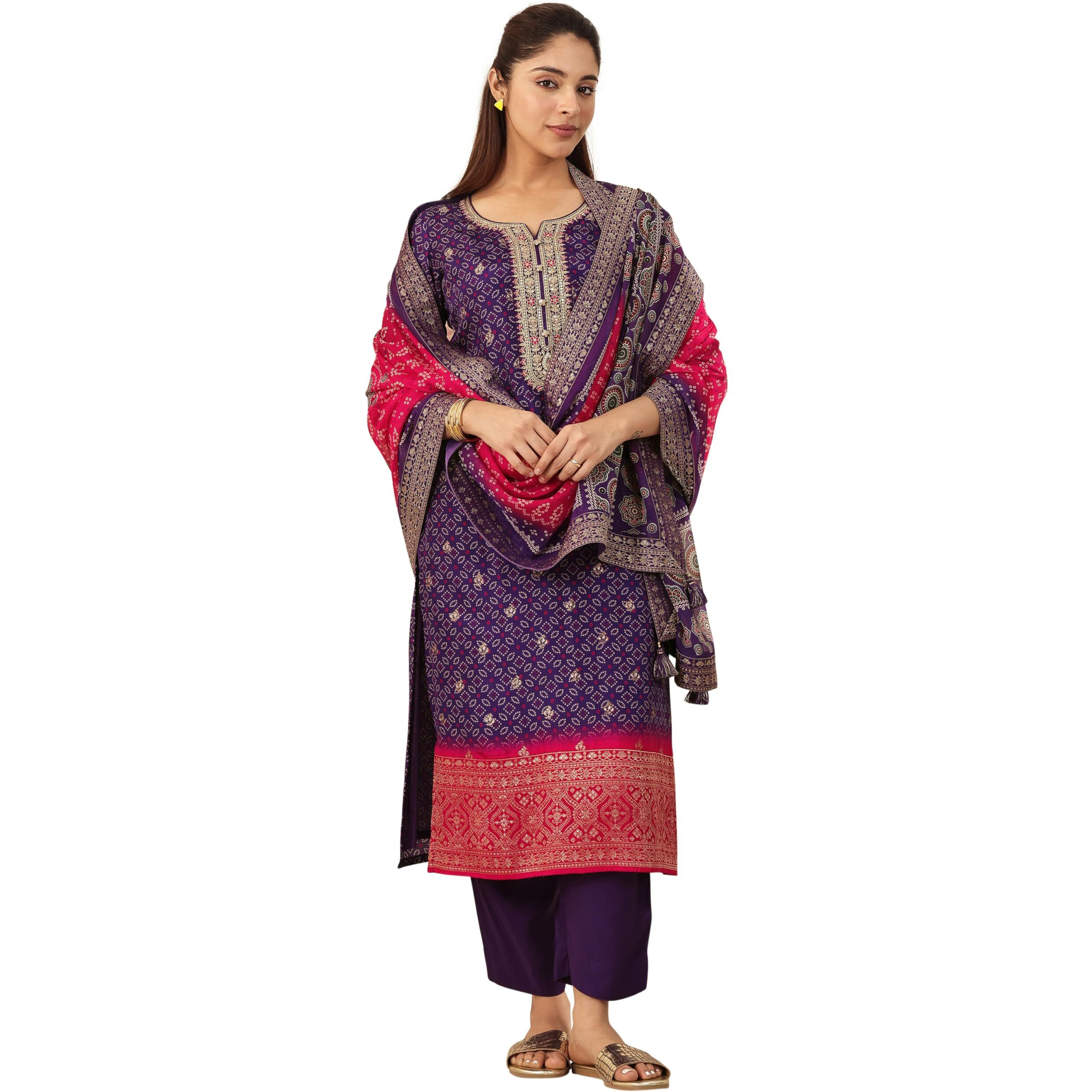 Libas Women's Silk Blend Kurta Sets (99142_Purple_Xl)