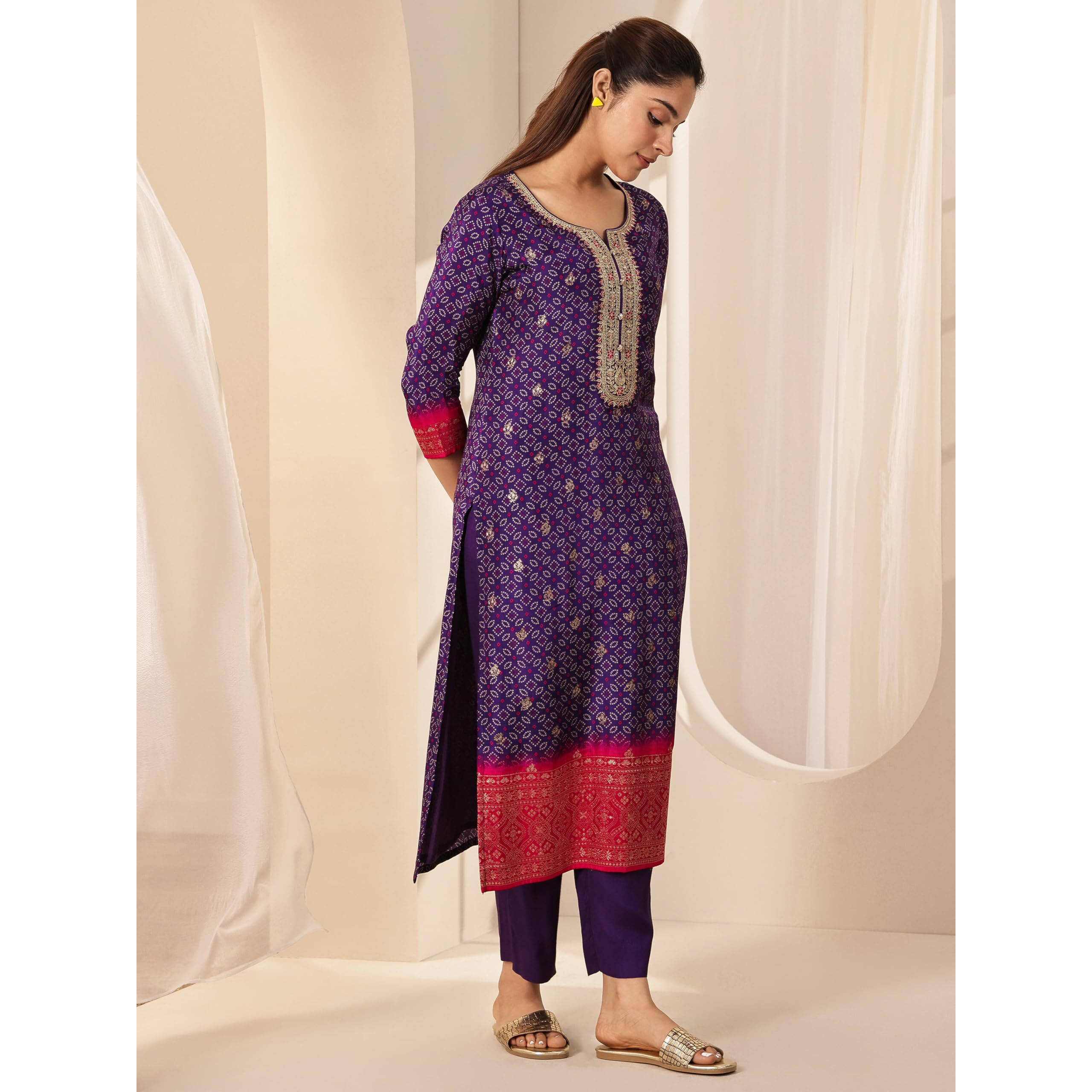 Libas Women's Silk Blend Kurta Sets (99142_Purple_Xl)