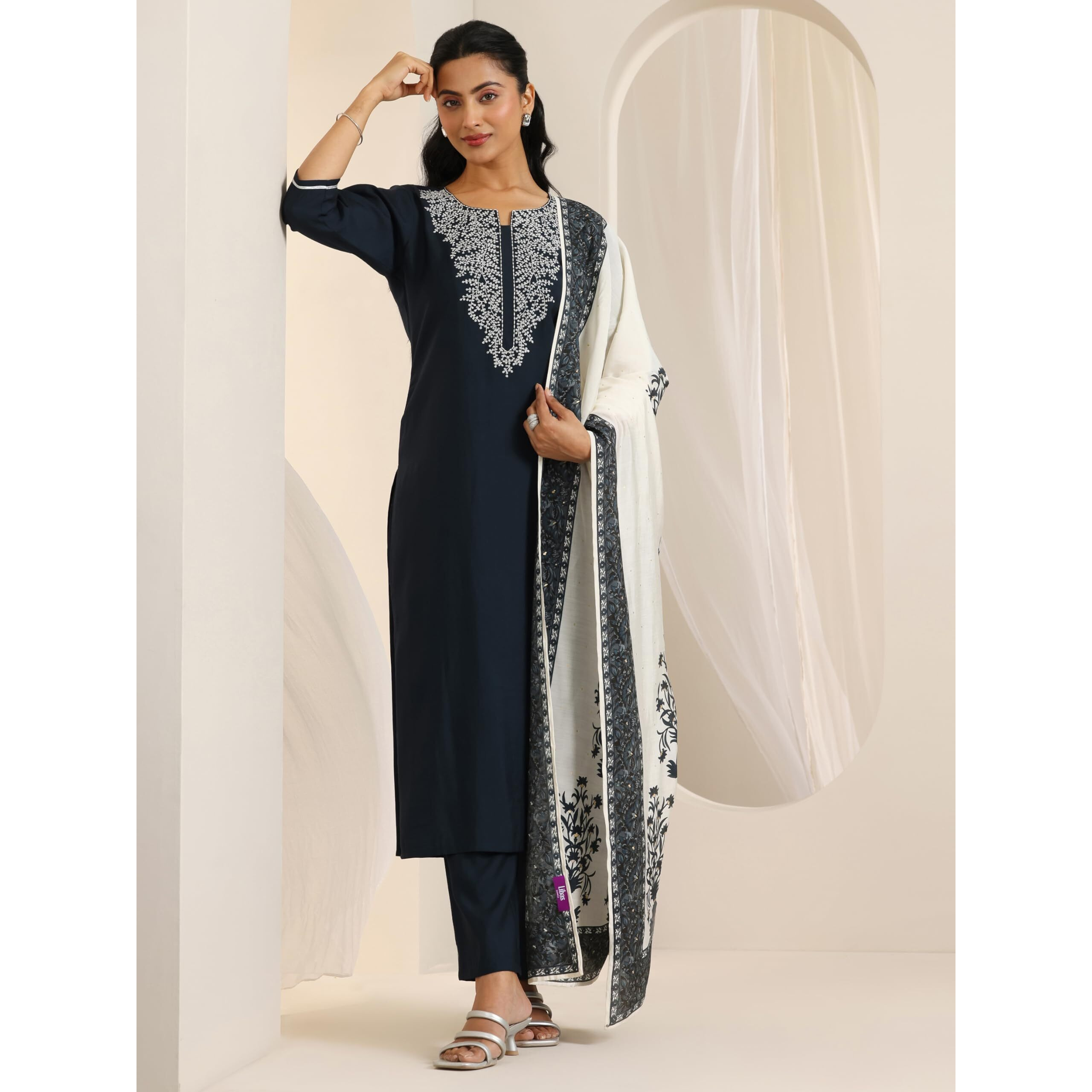 Libas Women's Silk Blend Kurta Sets (400559_Dark Grey_M)
