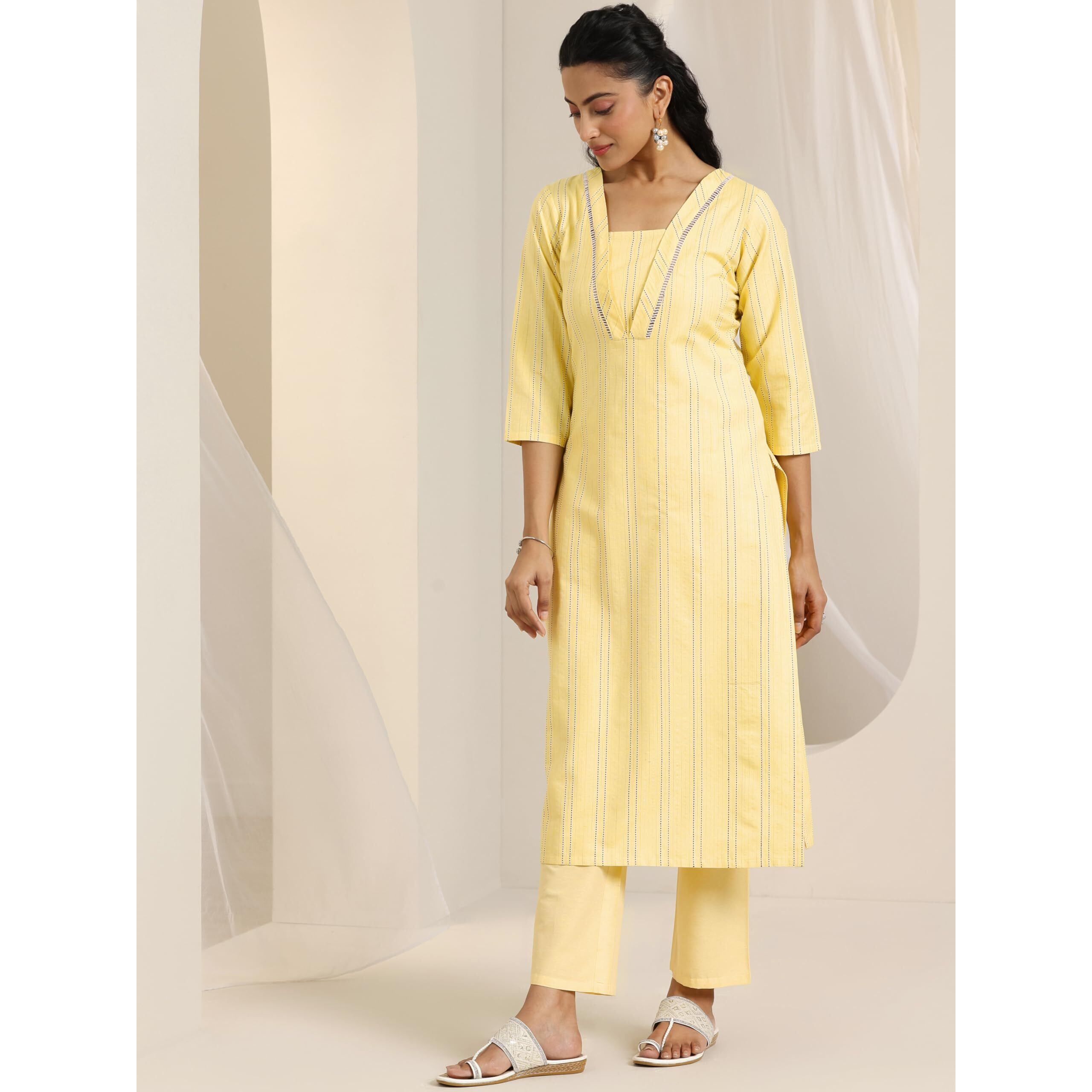 Libas Women's Cotton Blend Kurta Sets (400566_Yellow_Xl)