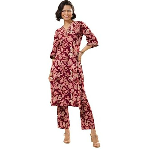 Libas Women's Cotton Blend Kurta Sets (400592_Maroon_S)