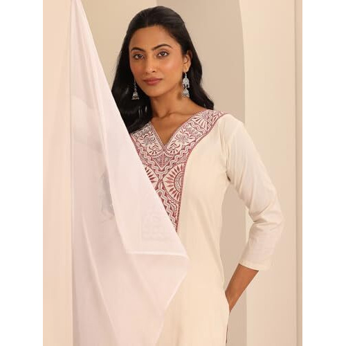 Libas Women's Cotton Blend Printed Straight Kurtas (98250 Off White