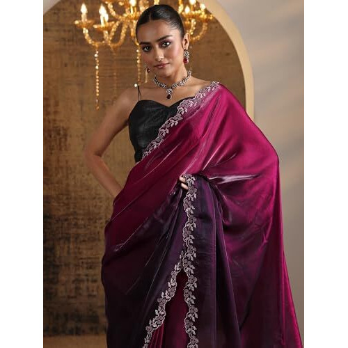 Libas Womens Embellished Satin Saree With Blouse Piece