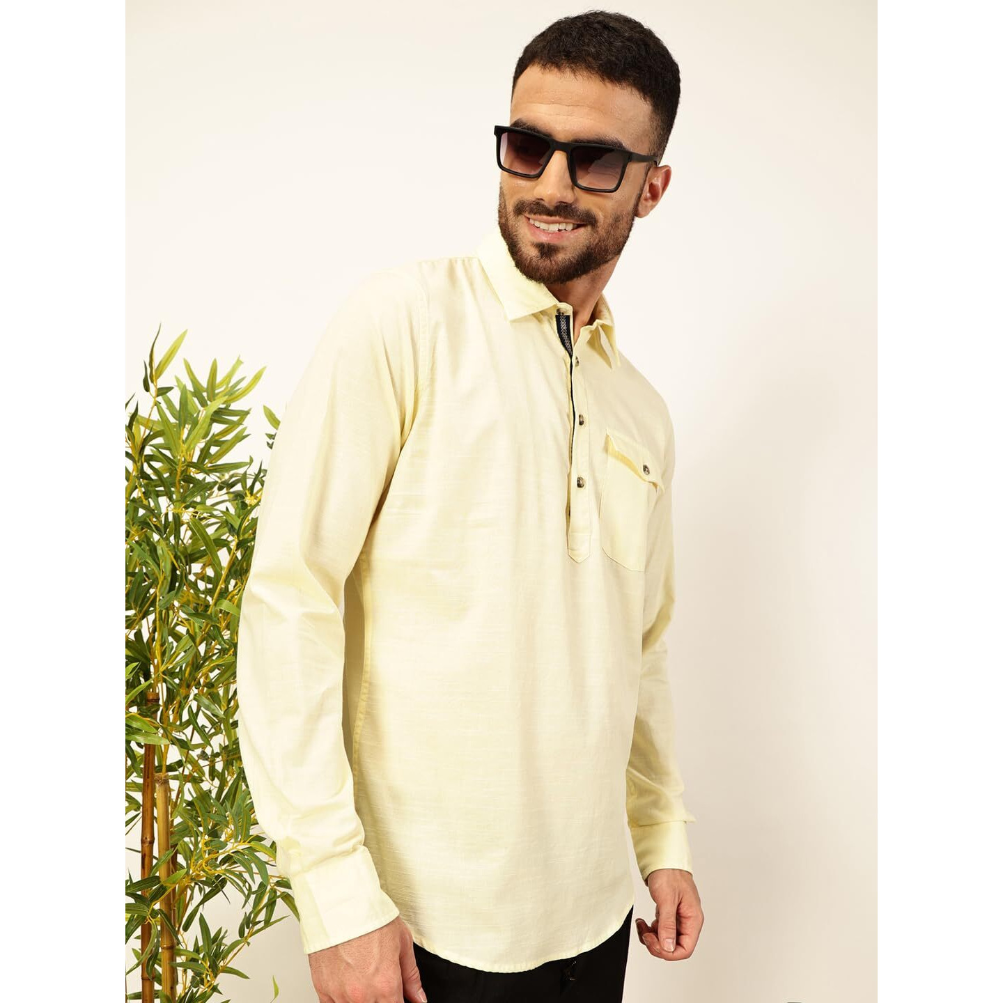 Thomas Scott Men Solid Cotton Linen Kurta Shirt (Ts1531_Lemon, M)