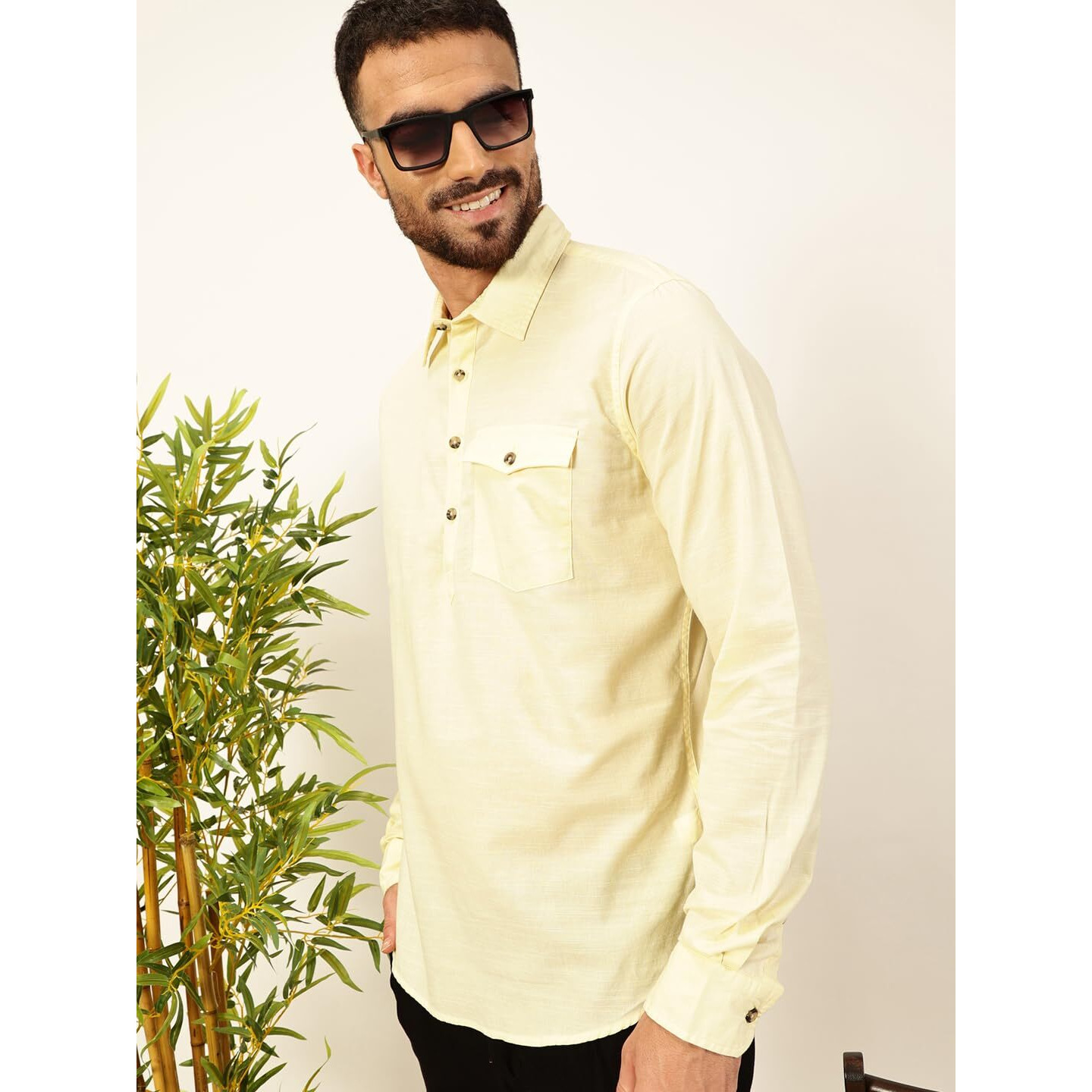 Thomas Scott Men Solid Cotton Linen Kurta Shirt (Ts1531_Lemon, M)