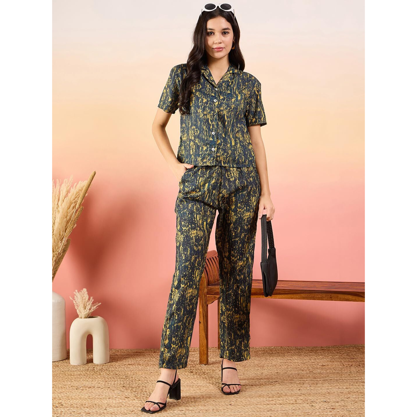 Modeve Women Shirt Pant Navy Abstract Print Co-Ord Set_Small