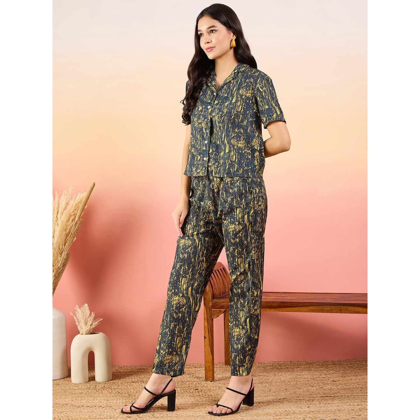 Modeve Women Shirt Pant Navy Abstract Print Co-Ord Set_Large