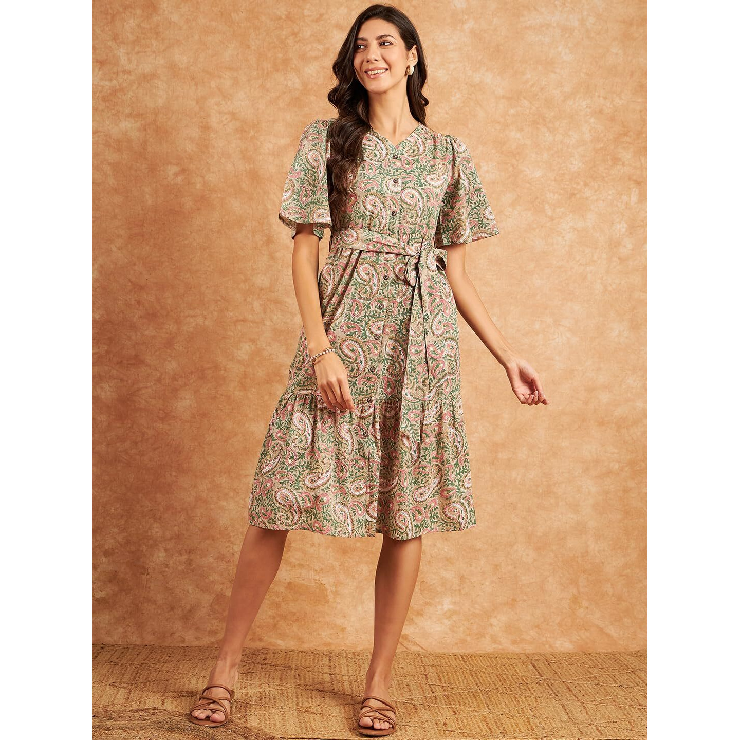 Modeve Women Paisley Print Beige Dress_2X-Large