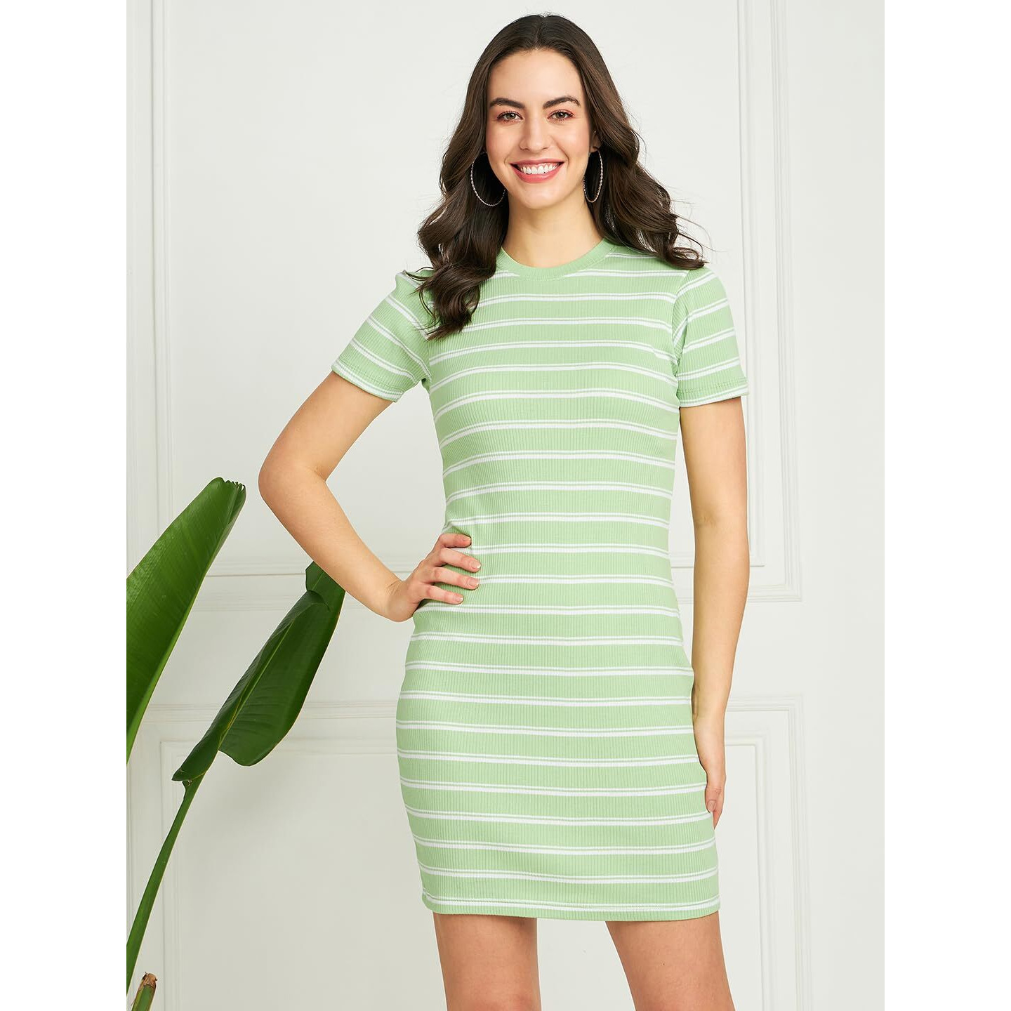Modeve Women Striped Bodycon Dress Mint