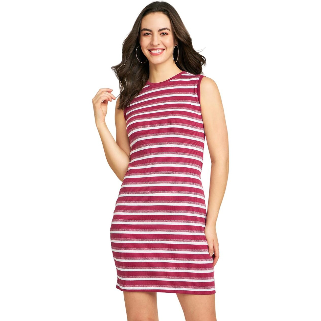 Modeve Women Striped Sleeveless Bodycon Dress Wine