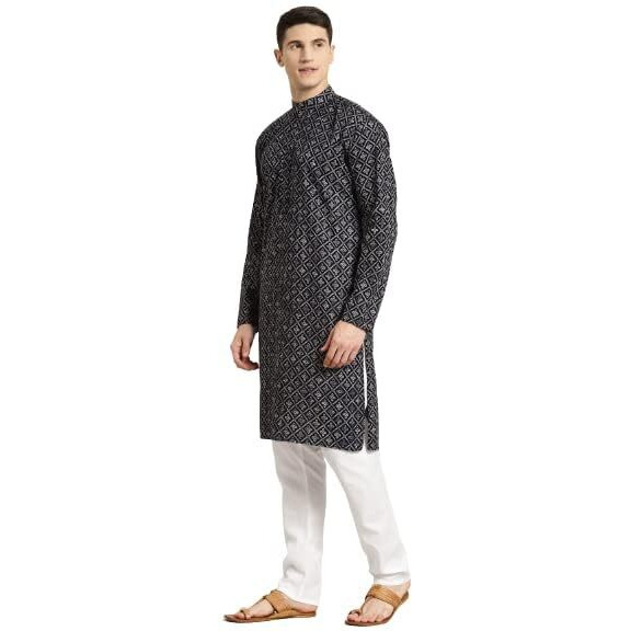 Sojanya (Since 1958 Men's Cotton Black & Grey Print Kurta & White Churidar Pyjama Set