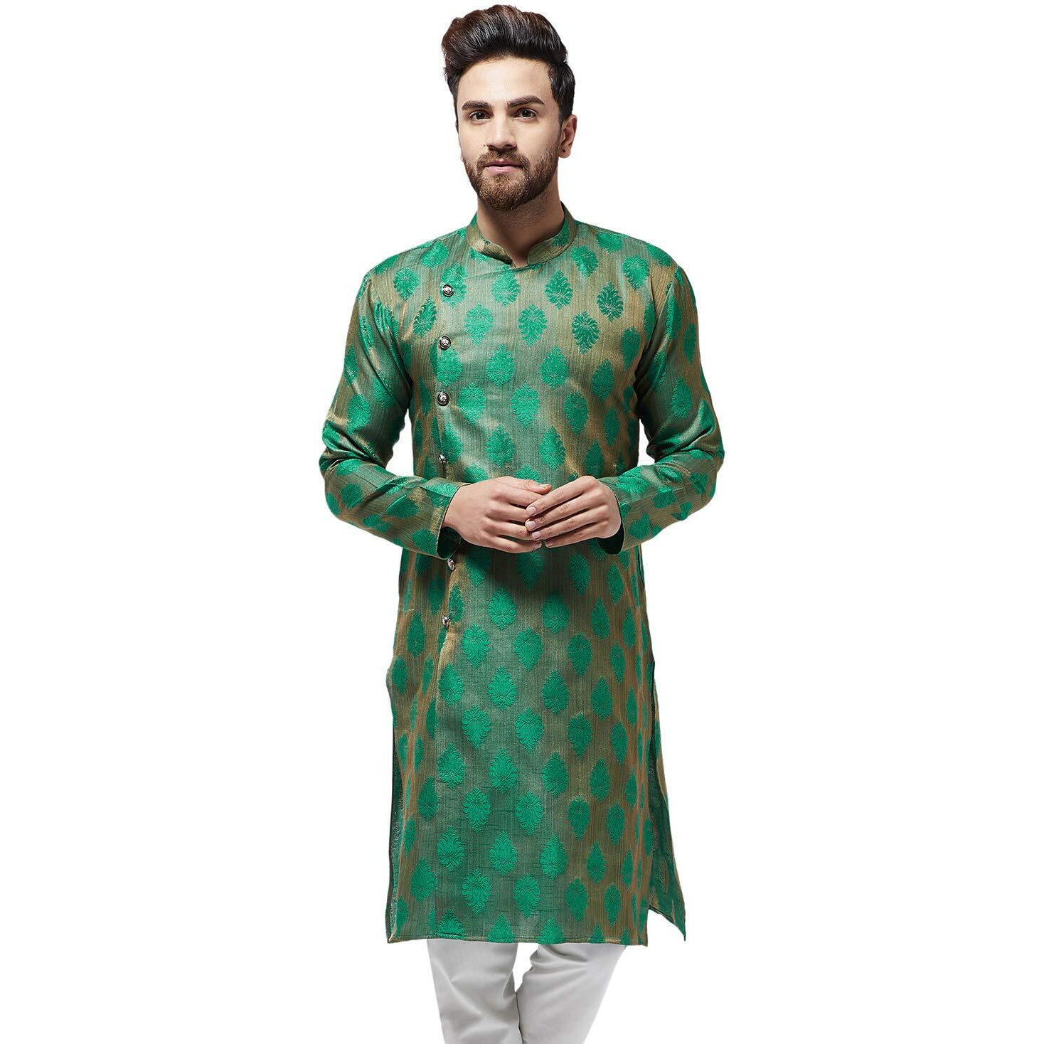 Sojanya (Since 1958, Men's Jacquard Silk Dark Green Only Long Kurta, Size 36(Sjr-Lk-Sideb-Jacq-004-Dgreen-36)