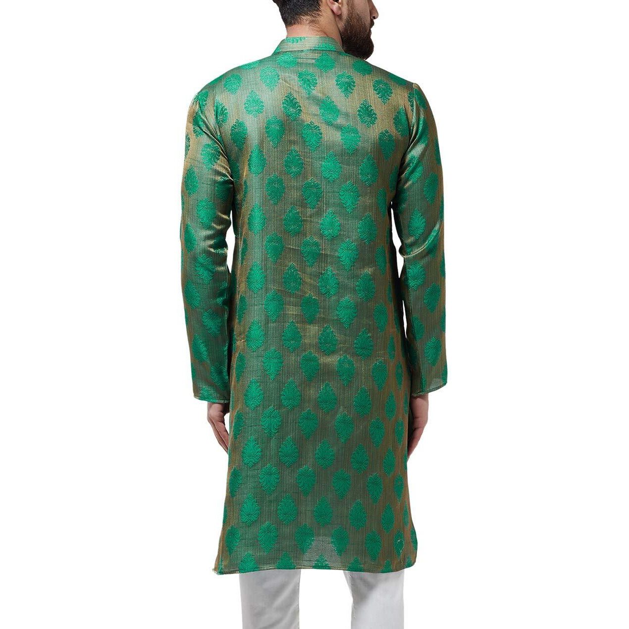 Sojanya (Since 1958, Men's Jacquard Silk Dark Green Only Long Kurta, Size 36(Sjr-Lk-Sideb-Jacq-004-Dgreen-36)