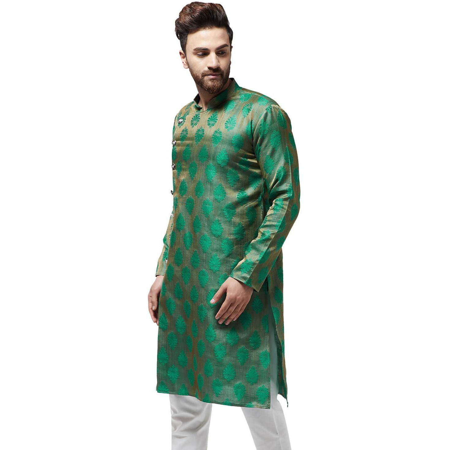 Sojanya (Since 1958, Men's Jacquard Silk Dark Green Only Long Kurta, Size 36(Sjr-Lk-Sideb-Jacq-004-Dgreen-36)