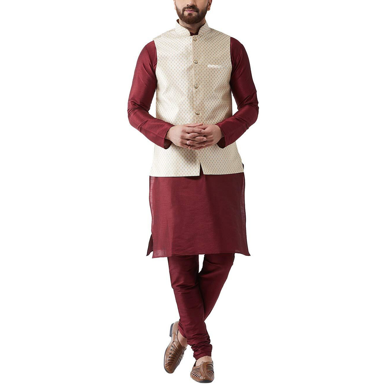 Sojanya (Since 1958 Men's Silk Blend Maroon Kurta Pyjama & Beige Nehrujacket Combo Size 40