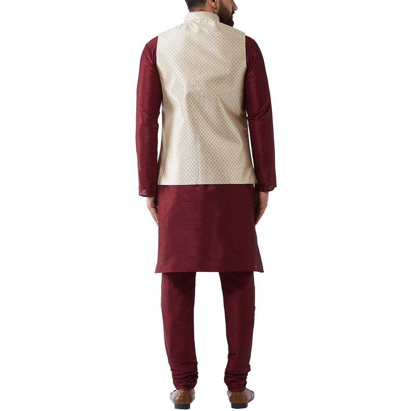 Sojanya (Since 1958 Men's Silk Blend Maroon Kurta Pyjama & Beige Nehrujacket Combo Size 40
