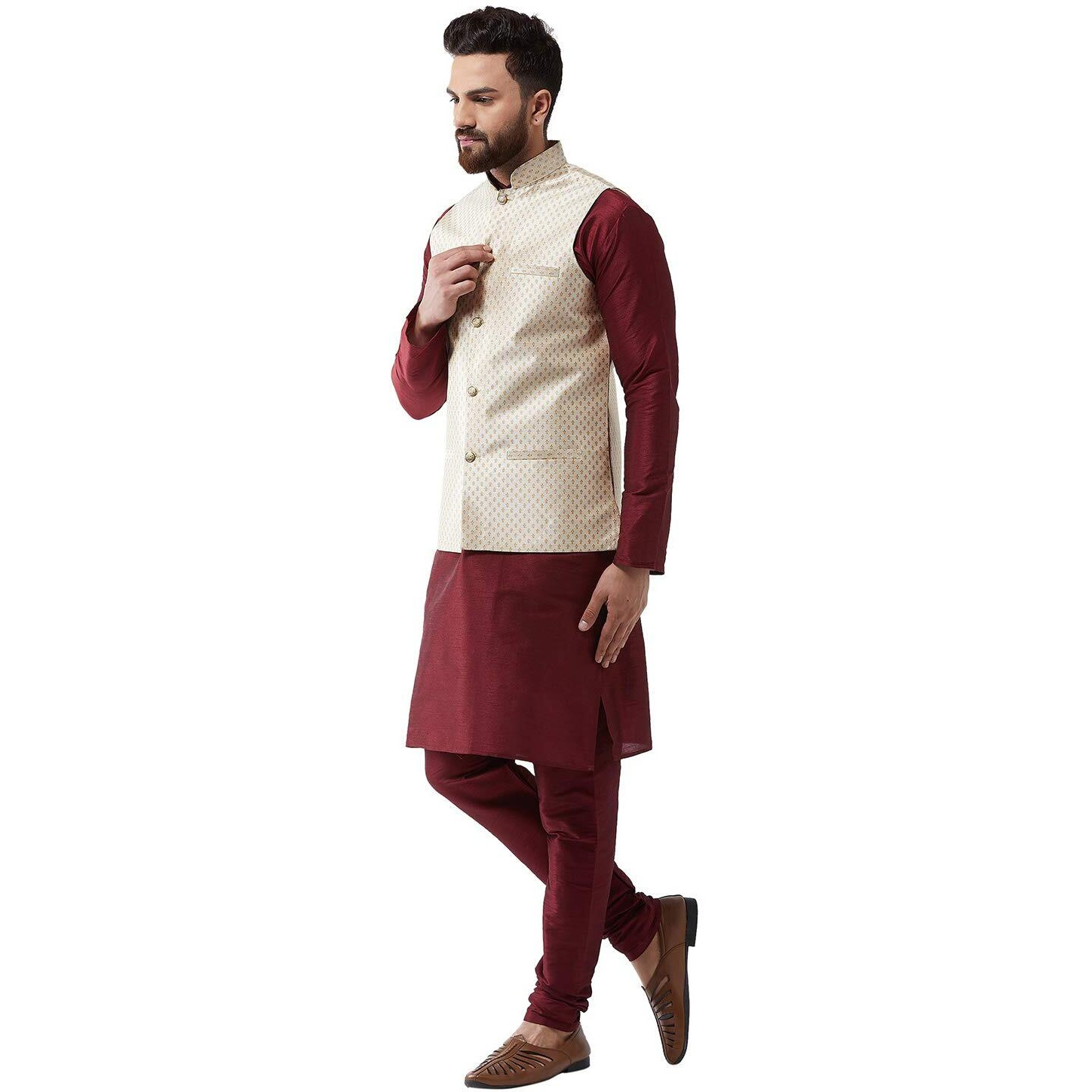 Sojanya (Since 1958 Men's Silk Blend Maroon Kurta Pyjama & Beige Nehrujacket Combo Size 40