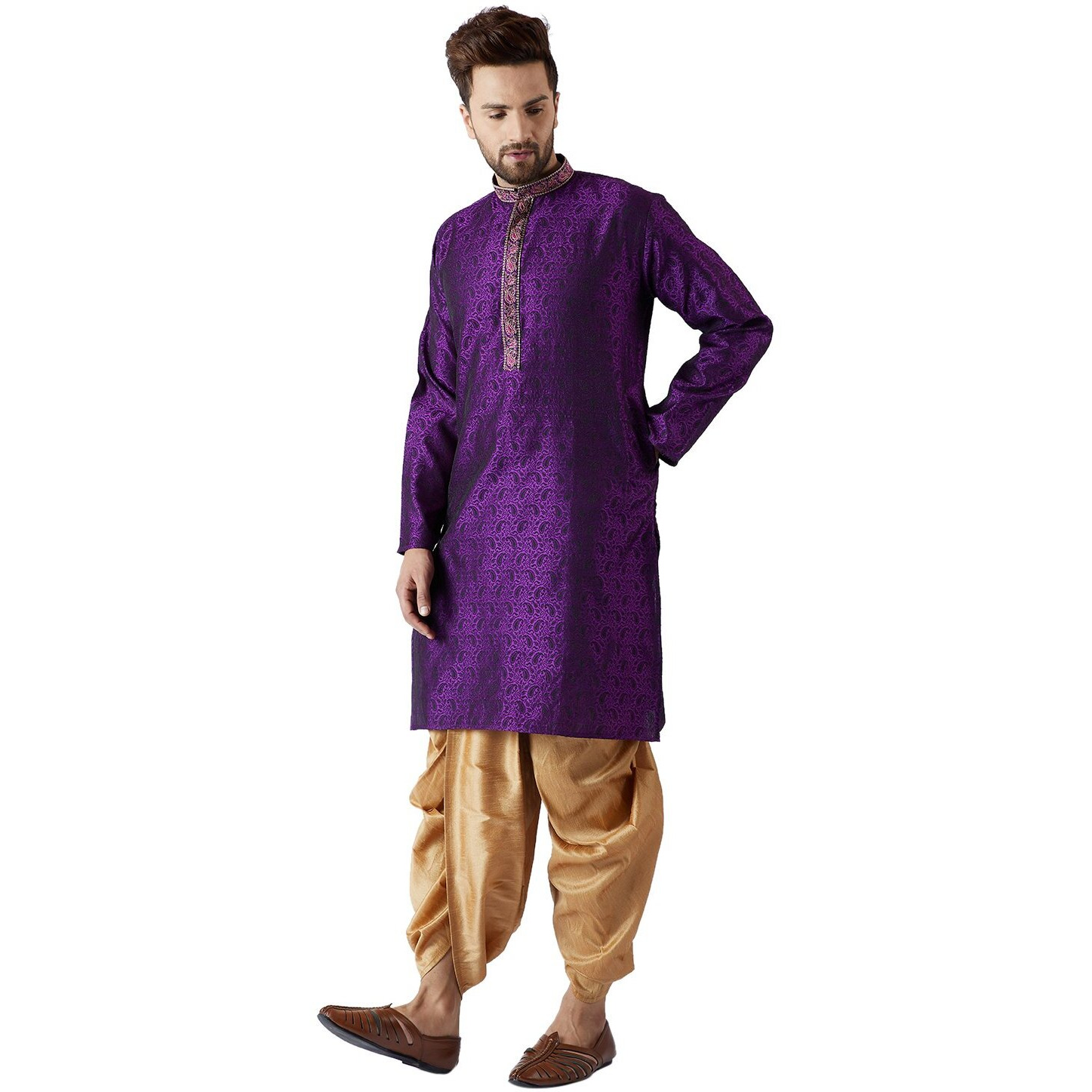 Sojanya (Since 1958, Men's Purple & Gold Silk Blend Kurta & Dhoti Set, Size Xxl
