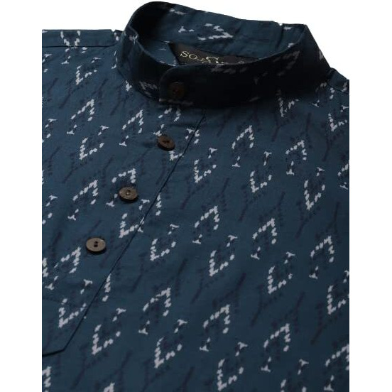 Sojanya (Since 1958 Men's Cotton Peacock Blue Printed Only Short Kurta